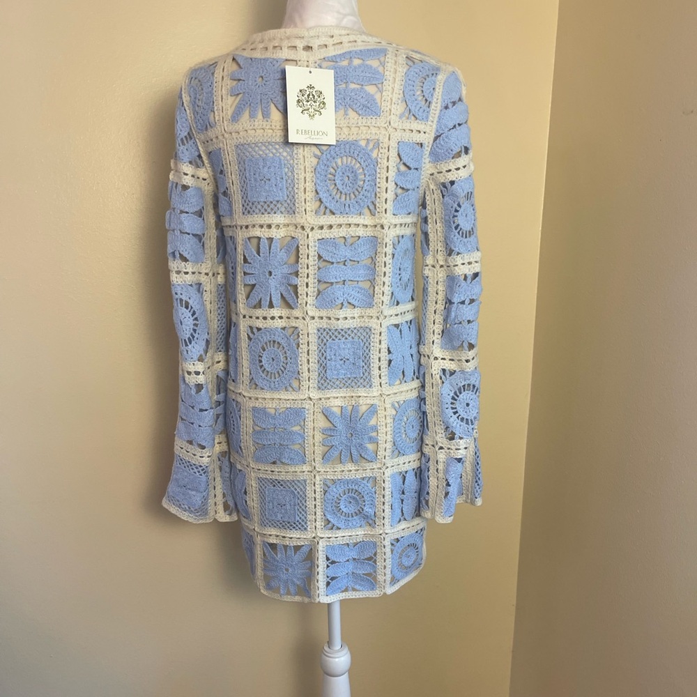 Ivory Crochet Lace Mini Dress S Granny Square Patchwork Boho Cottagecore Retro - Picture 13 of 14